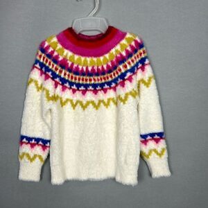 Hanna Andersson Girls Fluffy Sweater White Fair Isle 100 cm US 4 Y